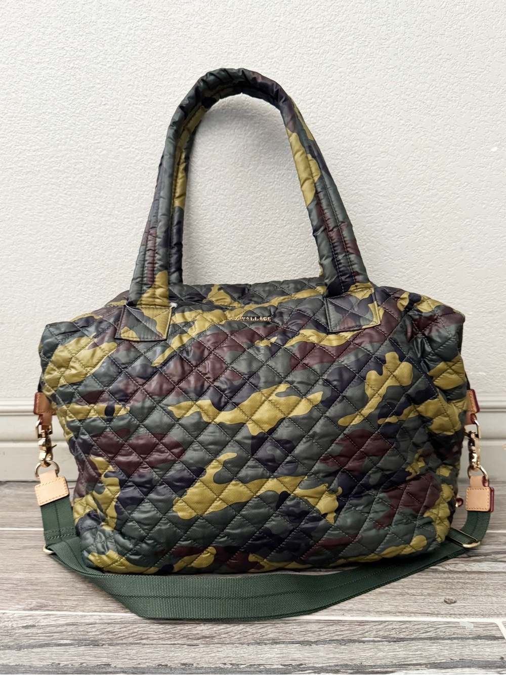 MZ Wallace Quilted Sutton Travel Tote Bag Camo Green Weekender Overnight Utility